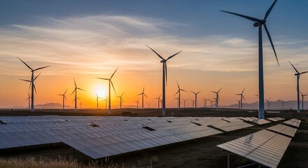 Majestic wind turbines and rows of solar panels in a vast field at sunset, symbolizing renewable energy, sustainable development, and green technology.