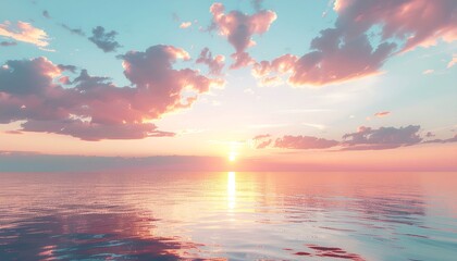 A serene sunset over the ocean, with soft pink and blue hues painting the sky and reflecting on the calm water.