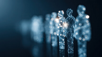 Row of illuminated translucent human figures in a dark setting