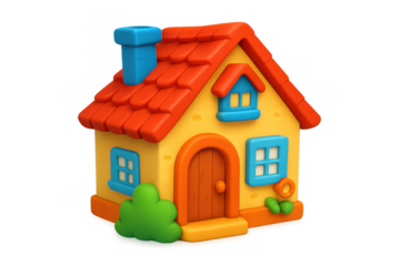 Cute cartoon house illustrating real estate, family, home, and childhood, 3d style on transparent background