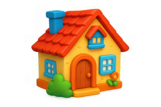 Cute cartoon house illustrating real estate, family, home, and childhood, 3d style on transparent background