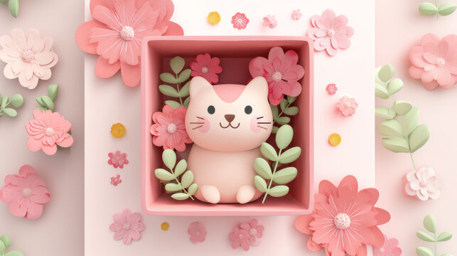 3D cute cat in shopping bag with flowers for spring sale web banner wallpaper fashion pet friend background - Powered by Adobe