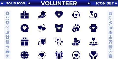 Obraz premium Volunteer solid icon set. Charity and Volunteering solid style of philanthropic icons: almsgiving, helping those in need, donation, contribution, humanism, altruism 