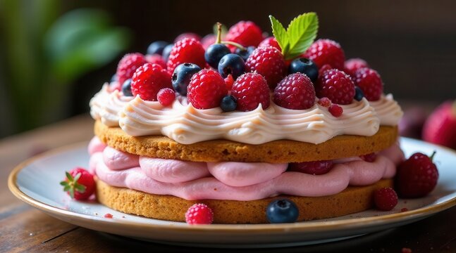 Delicious layered cake with creamy frosting and fresh berry topping - Powered by Adobe