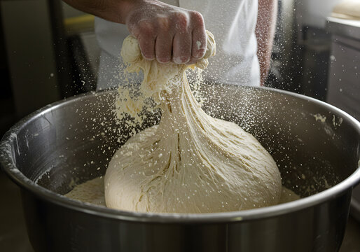 Kneading dough in kitchen