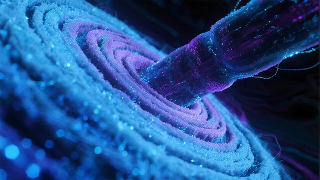 Abstract visualization of a cosmic vortex with swirling particles and a central beam in blue and purple hues