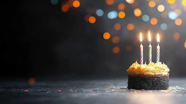 A single birthday cake with three lit candles sits on a dark surface, surrounded by colorful sprinkles, with a blurred background of bokeh lights.