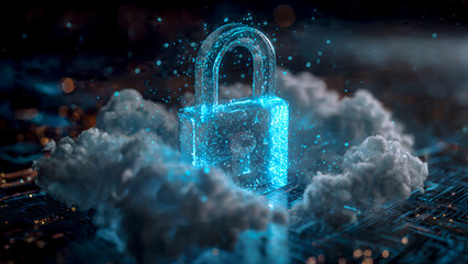 A futuristic 3D illustration of a glowing digital padlock floating within a semi-transparent cloud network structure. Highly detailed cyber grid lines weave through the clouds.