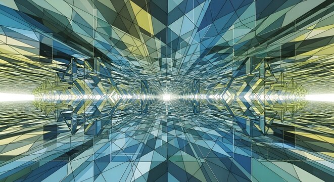 Geometric Abstract Perspective Tunnel with Shimmering Light and Reflected Patterns