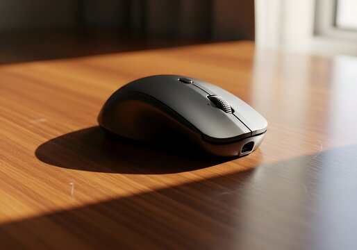 Wireless Computer Mouse on Wooden Surface: A sleek, wireless computer mouse sits on a polished wooden surface, bathed in the soft glow of natural light.