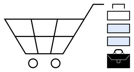 Shopping cart outline next to stacked packages and briefcase. Ideal for e-commerce, retail, logistics, business planning, product management, entrepreneurship, minimalistic design, simple flat