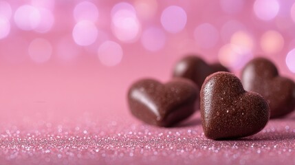 Obraz premium Chocolate Heart-Shaped Candies on Sparkling Pink Glitter Background with Bokeh Effect