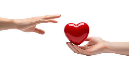 A red heart being offered from one hand to another against a black background in a studio shot