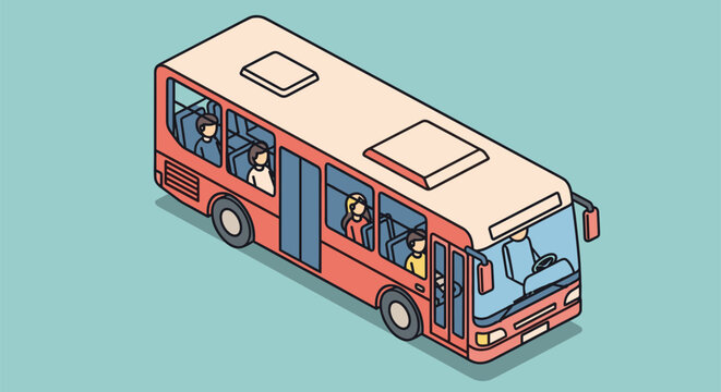 Isometric bus with passengers and driver, ideal for transportation themes, urban planning visuals, or city infographics, creating a modern and efficient vibe