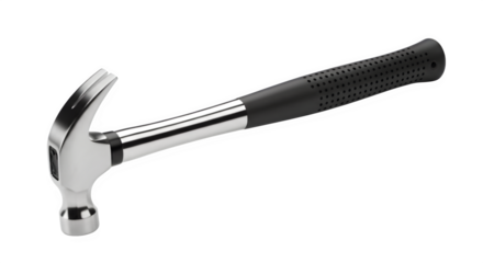Close up of a shiny chrome hammer with a black handle against a dark background in a studio shot