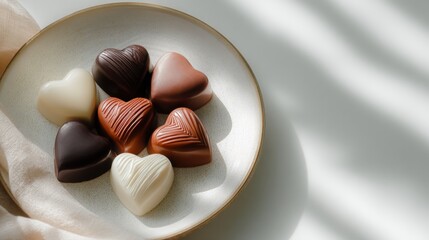 Assorted Heart-Shaped Chocolates on a Elegant Plate with Soft Natural Light