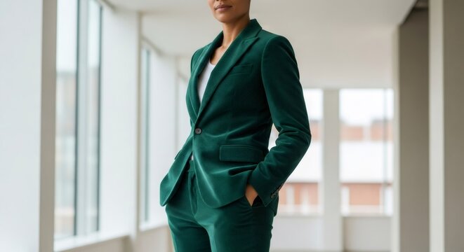 Woman posing in stylish green corduroy suit with hand in pocket, a fashion concept for modern professional attire and elegant casual wear.