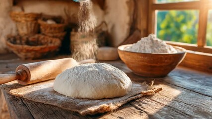 Homemade dough preparation sifting flour rustic kitchen sunlight - Powered by Adobe