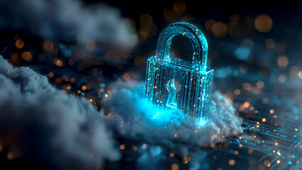 A futuristic 3D illustration of a glowing digital padlock floating within a semi-transparent cloud network structure. Highly detailed cyber grid lines weave through the clouds.