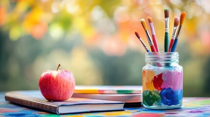 Colorful Paintbrushes in a Glass Jar with Artistic Paints on a Paint-Splattered Table with an Apple