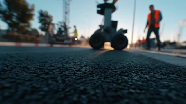 Road construction project with workers and heavy machinery at sunrise