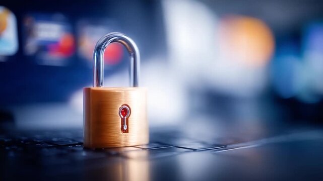 Digital Security Lock: A close-up shot of a golden padlock resting on a laptop keyboard, symbolizing secure digital communication. Emphasizing the significance of protection in the digital landscape.