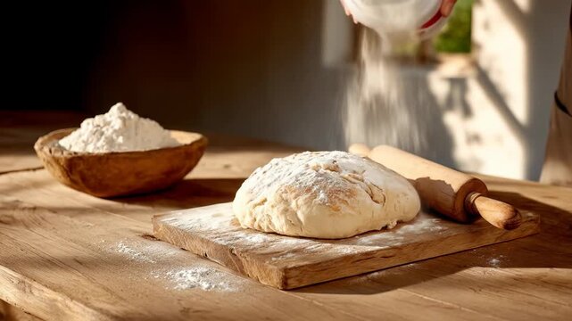 Hand sprinkling flour on fresh dough for homemade bread on wooden table
