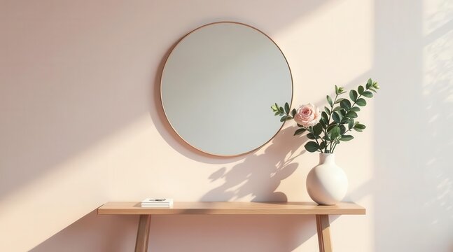A minimalist interior design featuring a round mirror, light wood console table, and a vase of blush pink flowers bathed in soft sunlight.