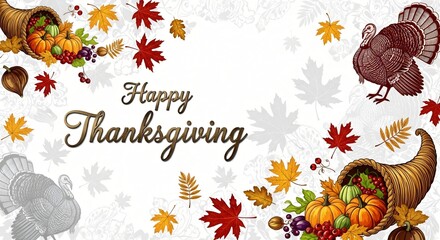 Happy Thanksgiving Cornucopia & Turkey Fall Background – Autumn Holiday Greetings Image
