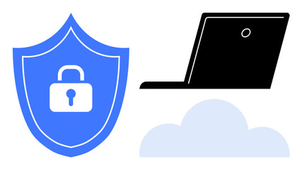 Shield with lock, laptop, and cloud highlight online data protection and cloud security. Ideal for cybersecurity, cloud computing, online safety, data access, IT solutions, privacy secure network