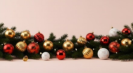 Christmas ornaments on pine branches with a light pink background creating a festive holiday scene
