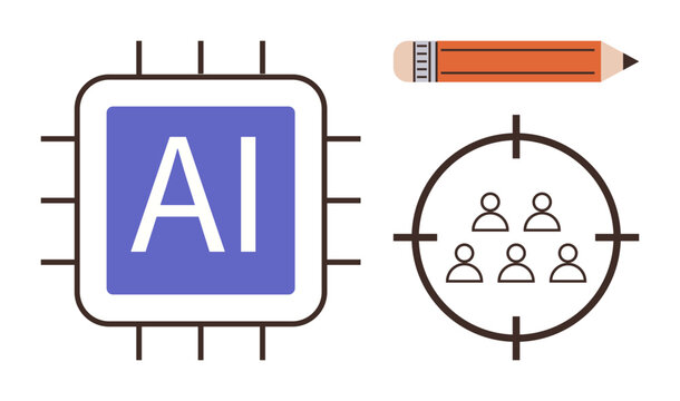AI chip with bold letters, human figures in crosshairs, and pencil conveying creativity and innovation. Ideal for AI, technology, targeting, creativity, precision data and strategy. Simple flat