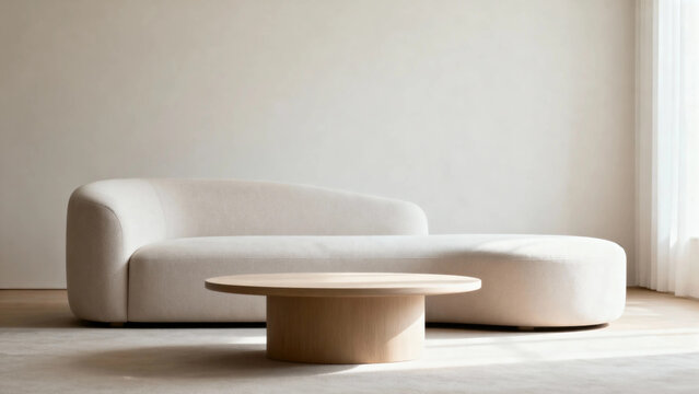 Minimalist living room with curved white sofa and round wooden coffee table