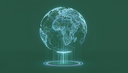 A 3D holographic representation of Earth, showcasing continents with futuristic visuals and glowing effects on a dark green background.