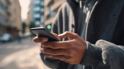Close-up view of hands holding a mobile phone, natural lighting and soft background blur, symbolizing communication and modern lifestyle.