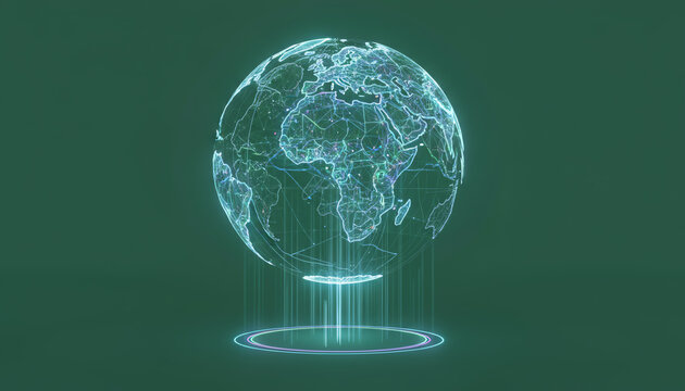 A 3D holographic representation of Earth, showcasing continents with futuristic visuals and glowing effects on a dark green background. - Powered by Adobe
