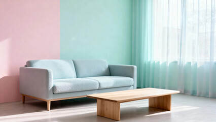 Fototapeta premium Minimalist living room with light blue sofa, wooden coffee table, and pastel-colored walls