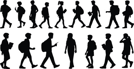 Silhouette students walking, carrying backpacks, holding books, interacting in school environment, educational vector illustration, black figures on white background, academic concept