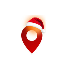 Red map pointer or location pin icon wearing a Santa Claus hat, symbolizing a festive location.