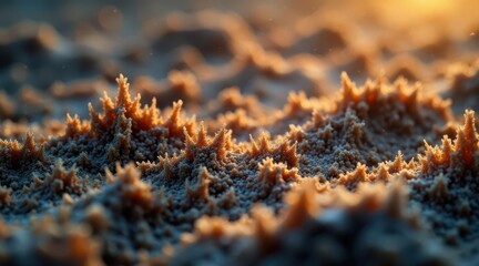 Golden Hour Sandcastle Microcosm A Detailed Close-Up of Intricate Sand Formations Illuminated by Warm Sunlight
