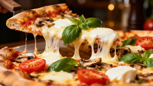A slice of pizza being lifted, showcasing melted cheese stretching from the main pie, topped with mushrooms, tomatoes, fresh basil, and mozzarella.
