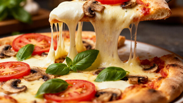 A slice of pizza being lifted, showcasing melted cheese stretching from the main pie topped with mushrooms, tomato slices, and fresh basil.