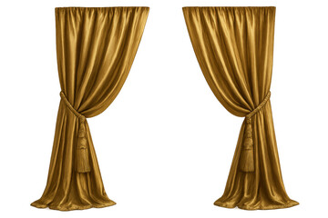 Golden drapery for theater stage. Elegant velvet fabric with luxurious tassels on transparent background