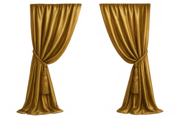 Golden drapery for theater stage. Elegant velvet fabric with luxurious tassels on transparent background