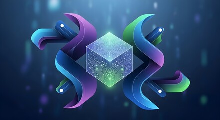 Conceptual art of a shimmering data cube and biological DNA helices merging technology and life sciences