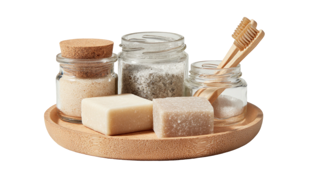 Bath items displayed. Jars, soaps, and a toothbrush