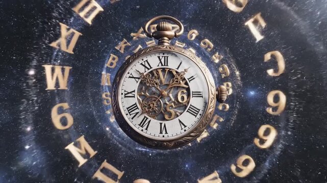 A vintage pocket watch floats in a celestial vortex surrounded by spiraling numbers and letters representing the time continuum