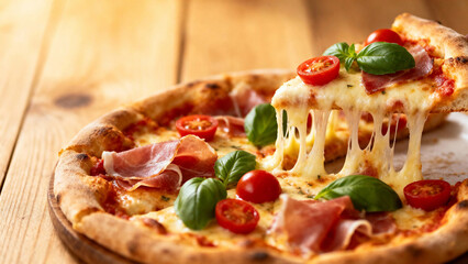 A freshly baked pizza with melted cheese, ham, cherry tomatoes, and basil leaves, served on a wooden surface with a slice being lifted to show stretchy cheese.