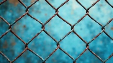 Fototapeta premium A Close-Up View of a Rusted Chain-Link Fence Against a Teal Background