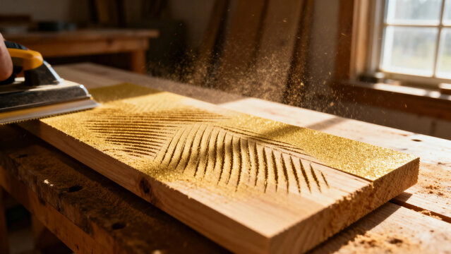 Woodworking process with planer smoothing a wooden board, creating sawdust in a workshop - Powered by Adobe